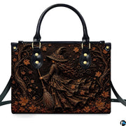Isolated front view showcasing the autumn witch art graphic depicting the sorceress and ancient trees.