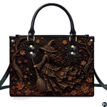 Isolated front view showcasing the autumn witch art graphic depicting the sorceress and ancient trees.