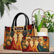 Handbag and matching wallet set displayed together on a wooden table with botanical backdrop.