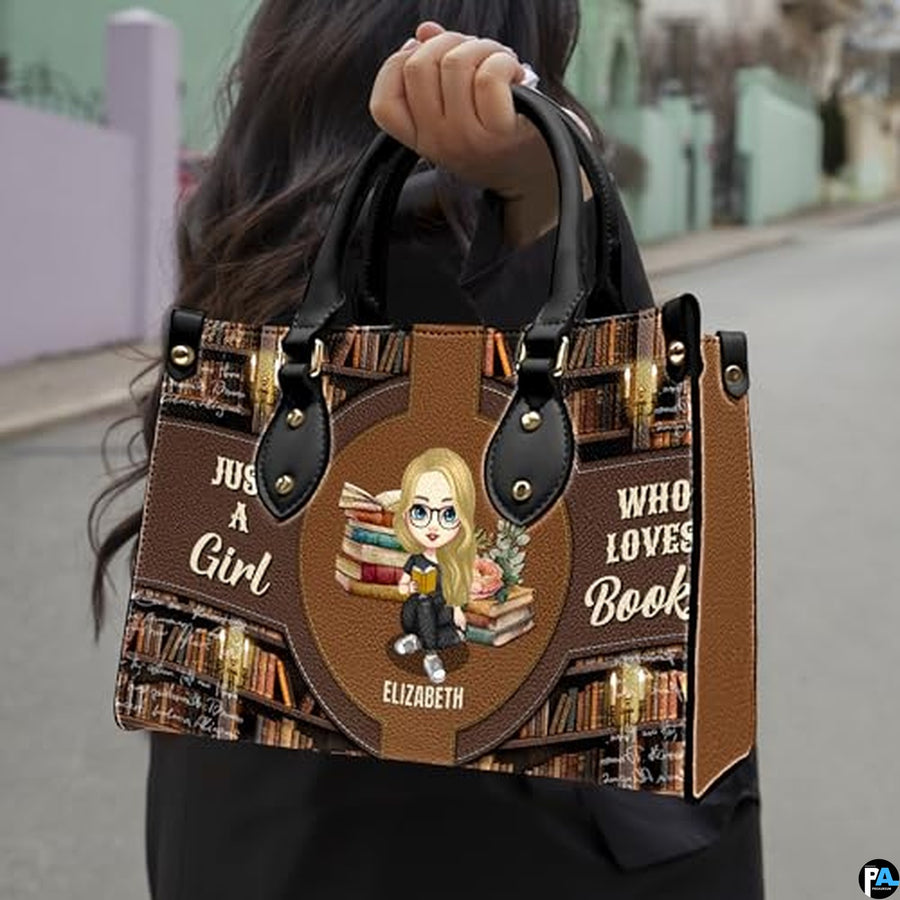 Library bookshelf art handbag shown in outdoor handheld presentation.