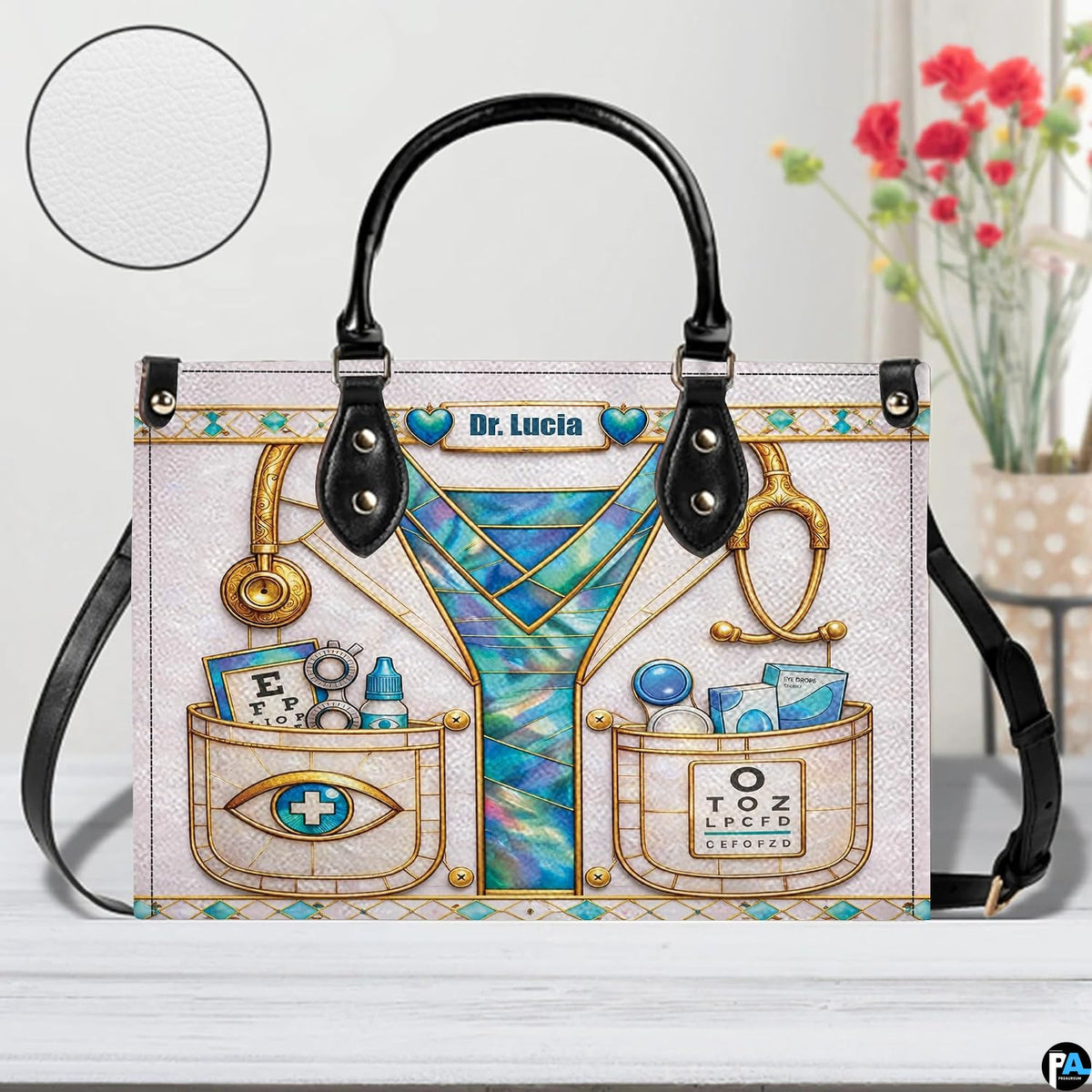 Side profile view of optometrist handbag highlighting slim structured depth