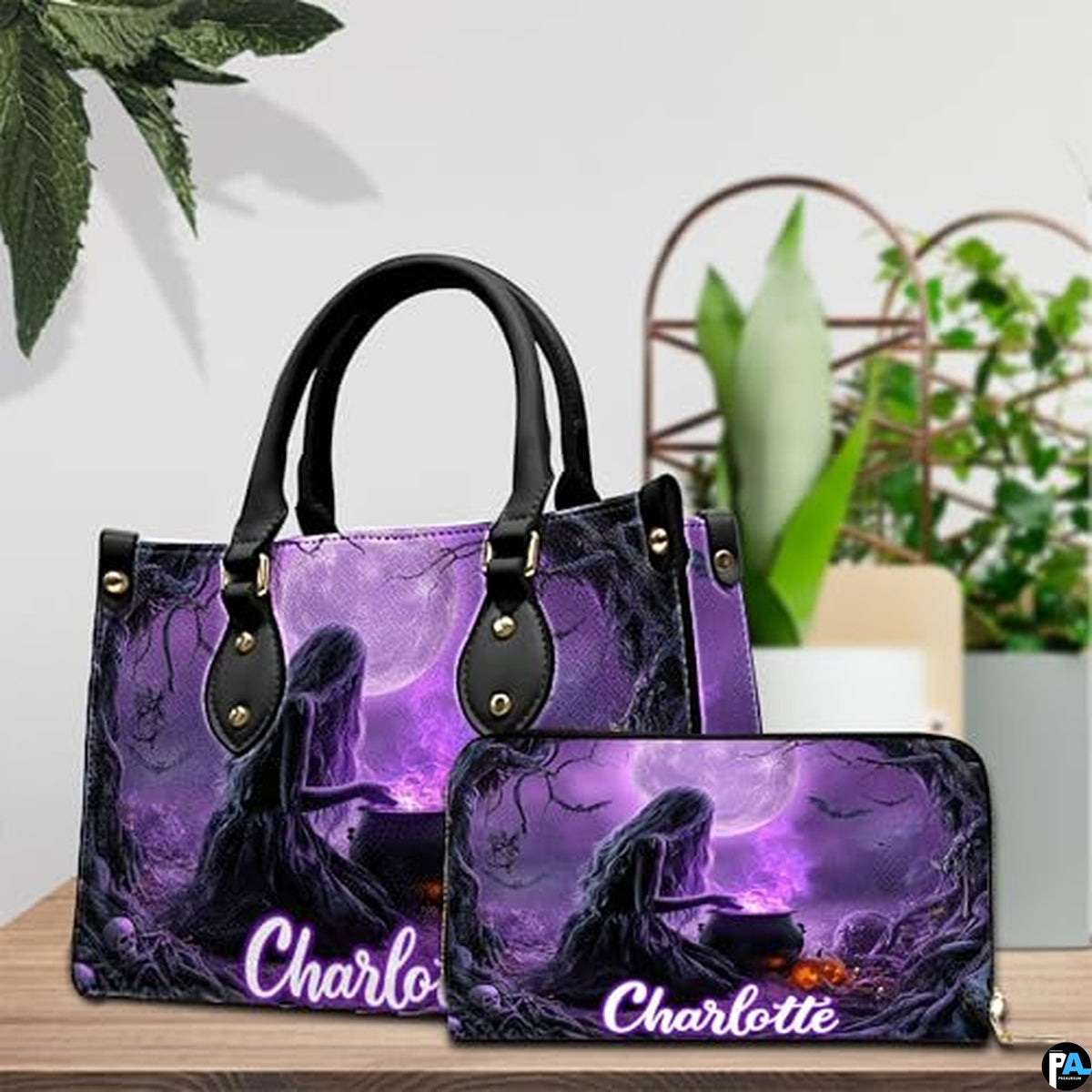 Personalized Halloween Leather Handbag – Custom Witch 3D Printing Effect Purses For Women – Spooky Gothic Shoulder Bag