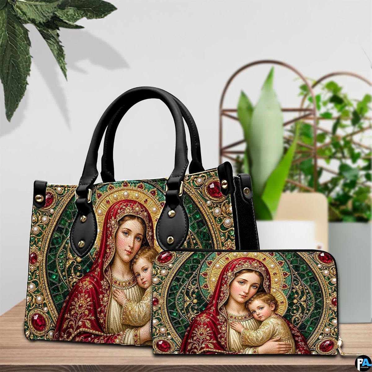 Interior view of Byzantine Madonna handbag showing interior lining and compartment layout