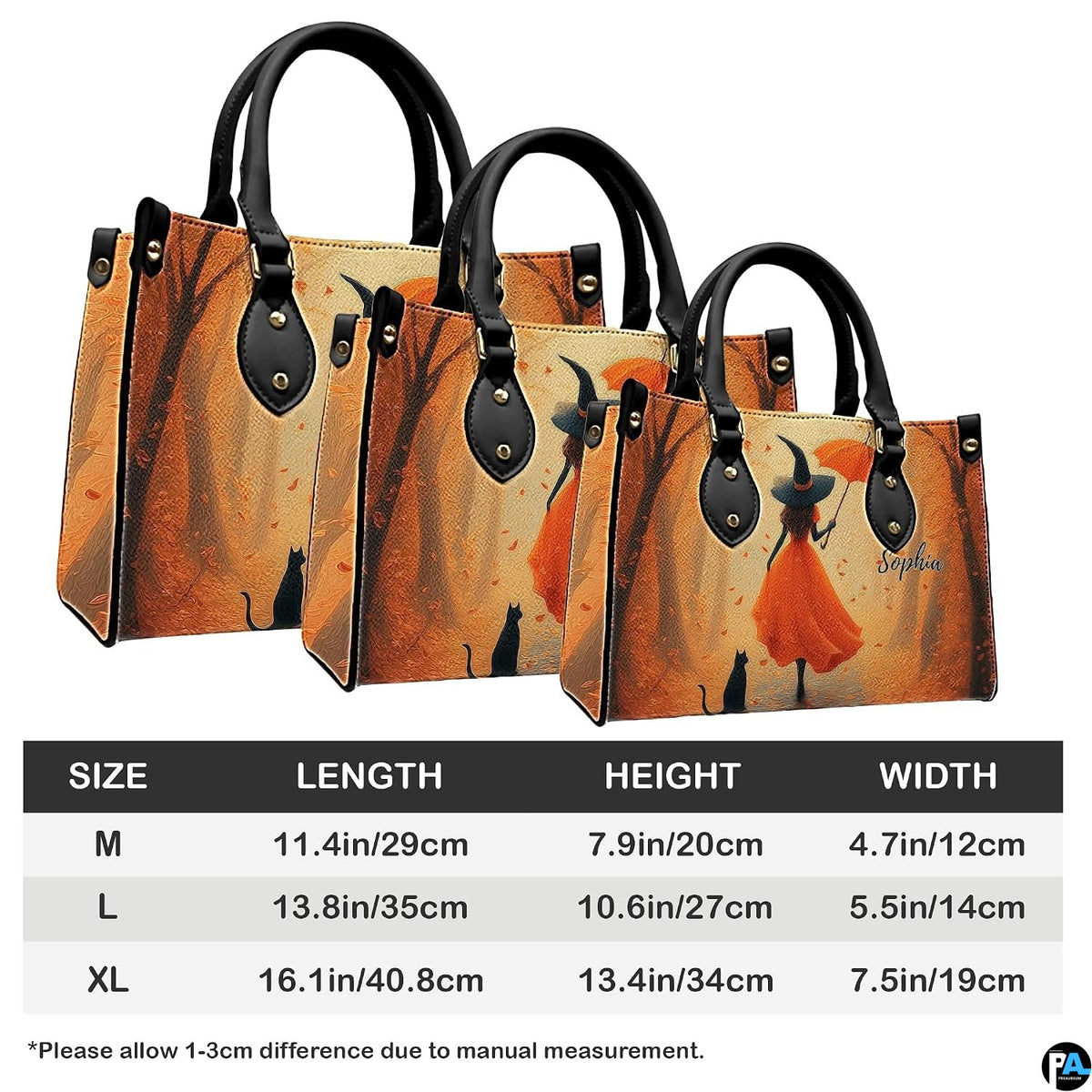 Dimension reference graphic showcasing scale variations for the autumn witch artwork.