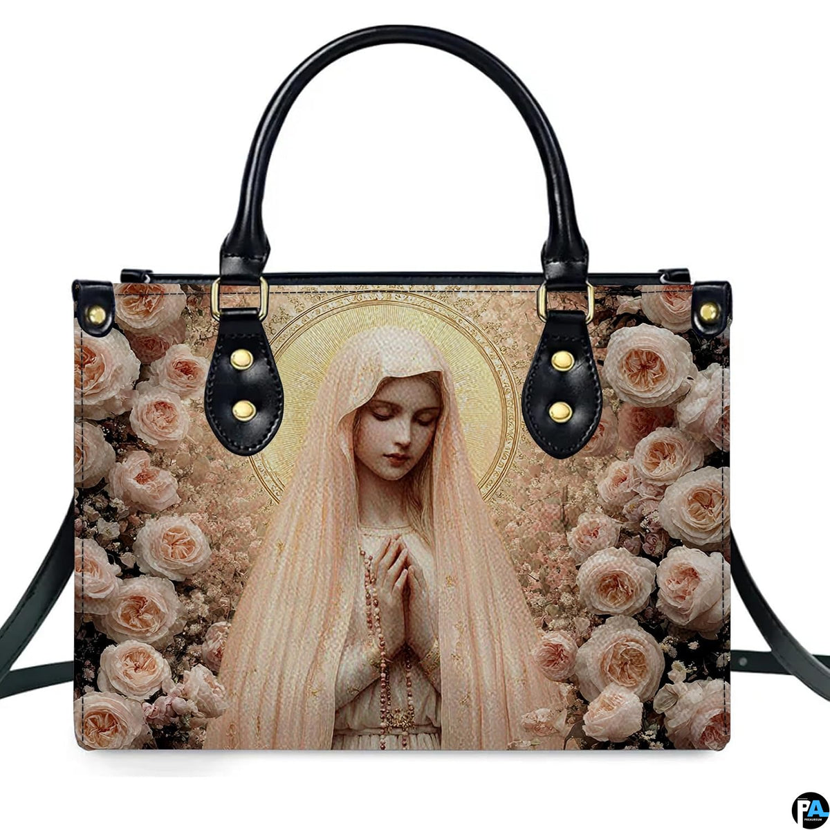 Front view of handbag displaying praying Virgin Mary encircled by lush blush pink and peach cabbage roses.