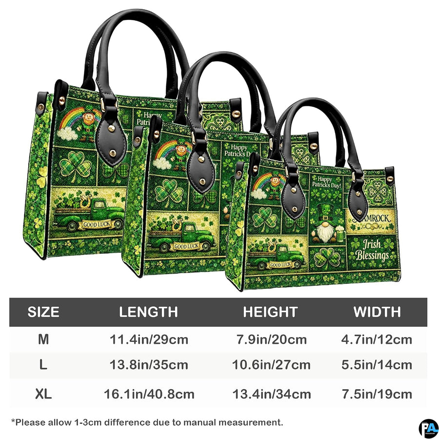 Three proportion views of Celtic clover handbag