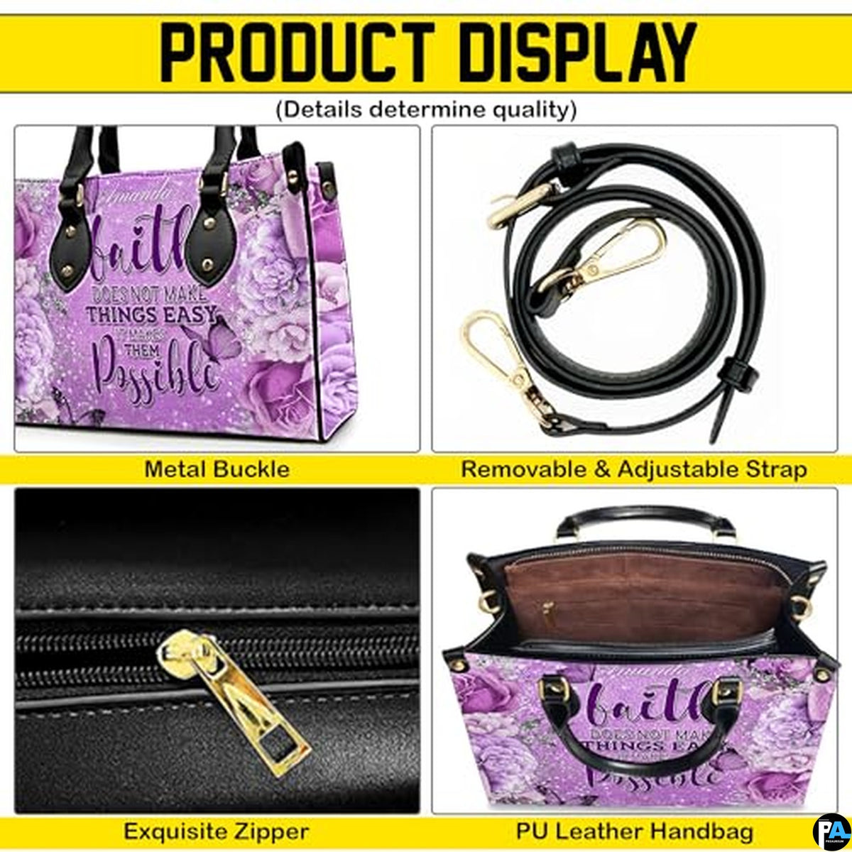 Personalized Flower Floral inspirational quote Handbag for Faith Gift