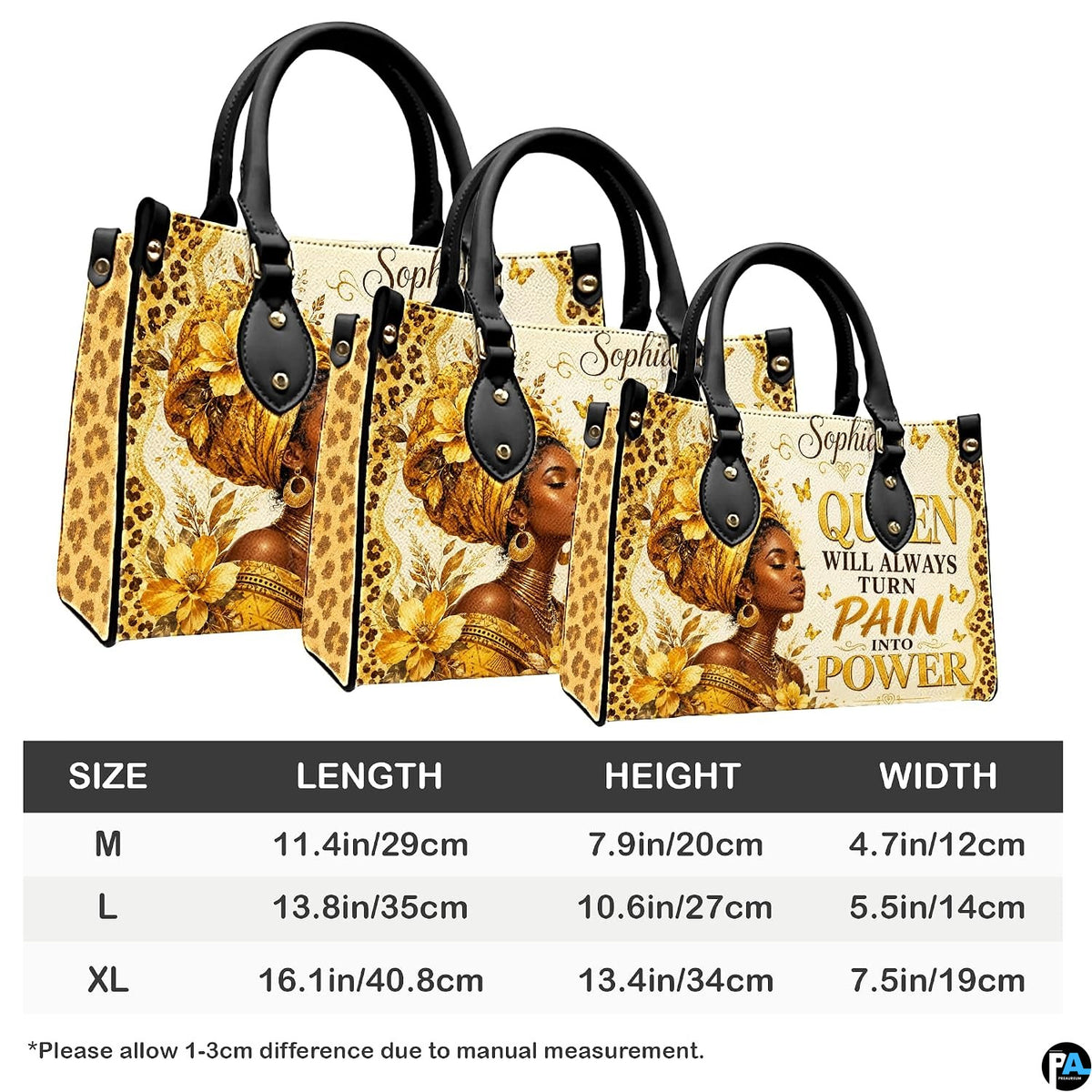 Dimensional diagram comparing three proportions of the golden empress illustration across medium, large, and extra large.