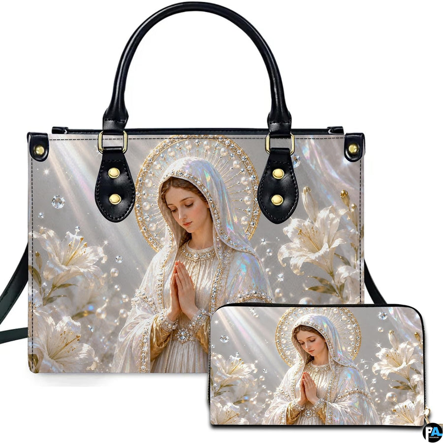 Front view of pearlescent Madonna and lilies handbag and matching wallet set with radiant light beams
