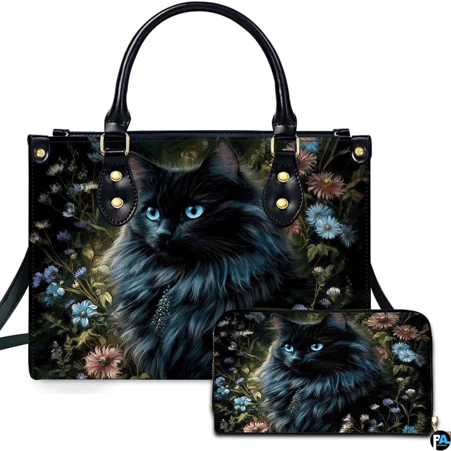 Black Cat Leather Bag – Vintage Cat Art Handbag, Stylish Animal-Themed Purse, Unique Gift for Cat Lovers