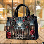 Gothic cathedral handbag displayed on rustic wooden table in cafe setting.