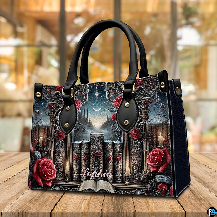 Gothic cathedral handbag displayed on rustic wooden table in cafe setting.