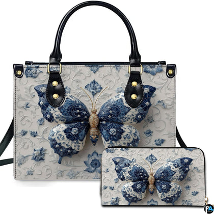 Front view of blue porcelain butterfly handbag and wallet set featuring cobalt floral patterns on white