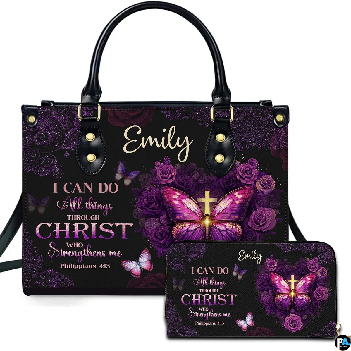 Front view of devotional accessory set showing radiant cross, purple butterfly, rose wreath, and scripture art