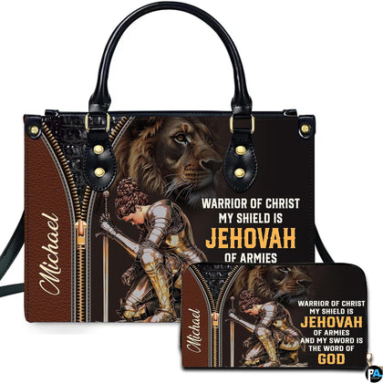 Lion purse and wallet with armored sword-bearing figure in black and brown artwork