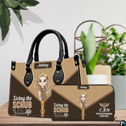 Chibi nursing assistant handbag and matching wallet set displayed on tabletop beside greenery.
