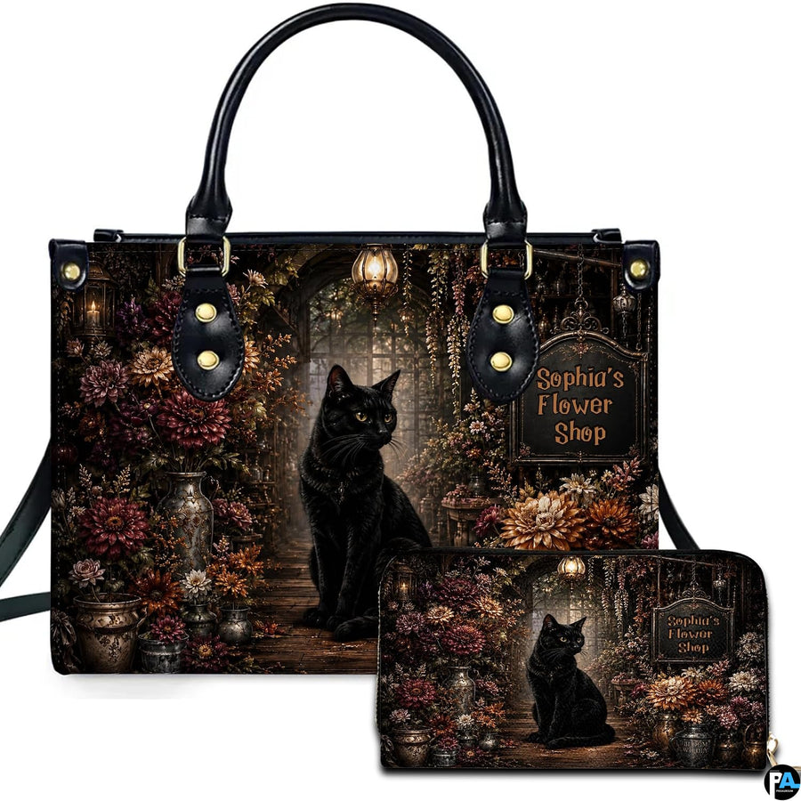 Vintage black cat art featuring a feline seated in an autumn conservatory presented across an accessory pairing.