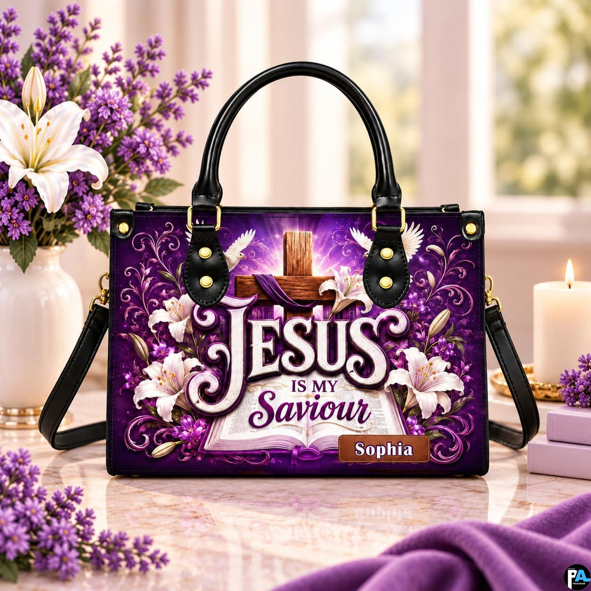 Purple cross devotional handbag displayed on a marble tabletop beside a vase of white lilies and candle.