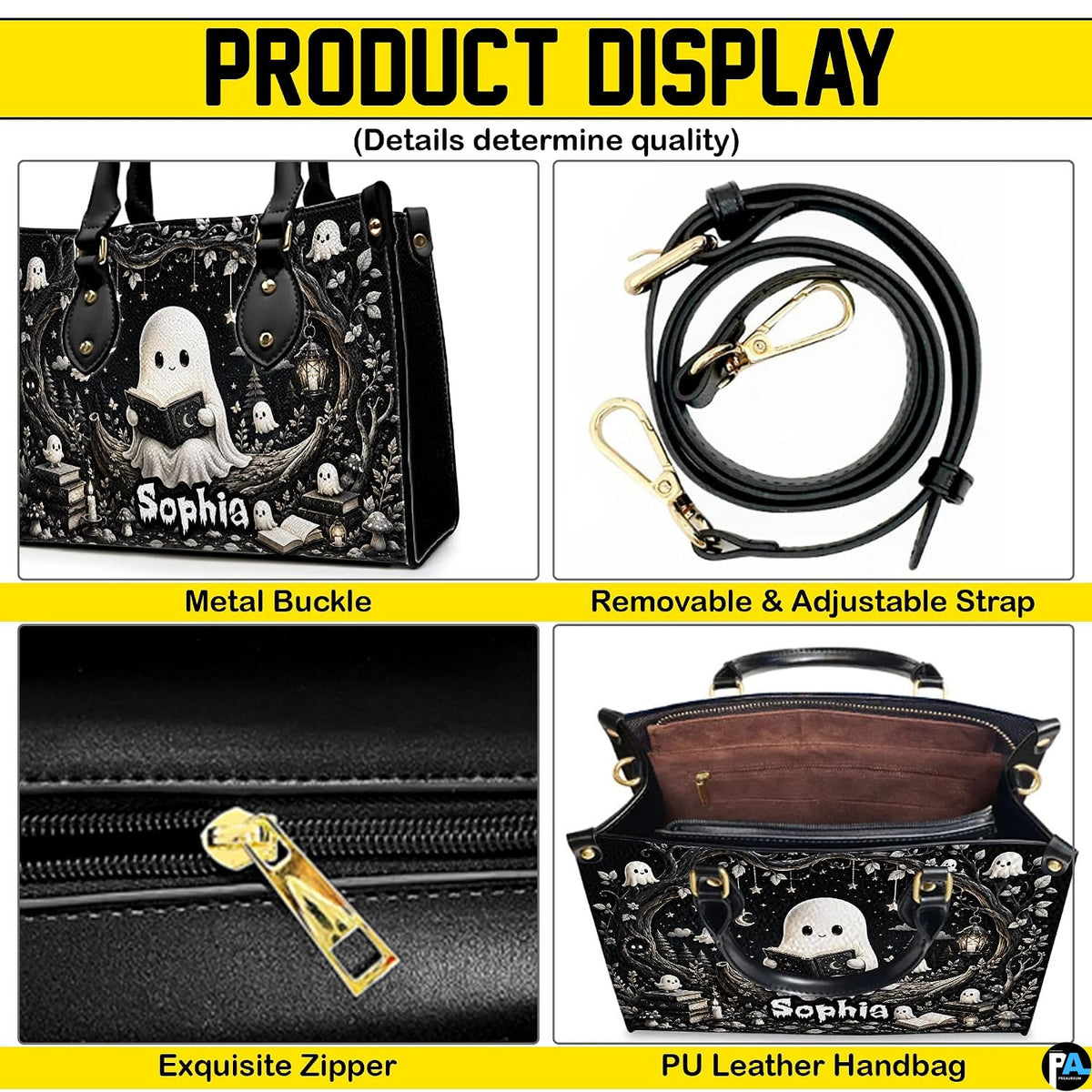 Detailed collage showcasing exterior structure and metallic accents of satchel.