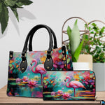 Close-up detail showcasing the impasto oil textures on the flamingo plumage and lotus petals.