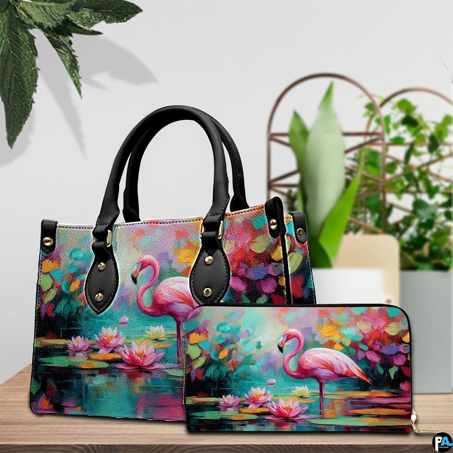 Close-up detail showcasing the impasto oil textures on the flamingo plumage and lotus petals.