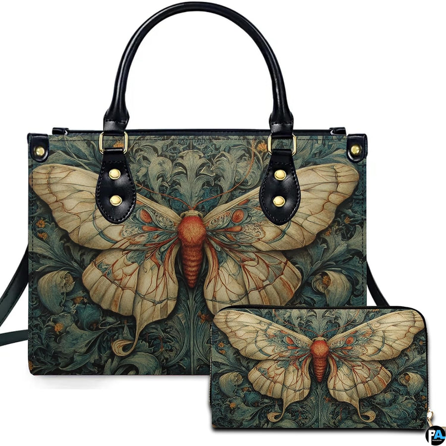 Personalized Butterfly Leather Handbag – Gothic Moon Bag with Adjustable Strap and Matching Witchcore Purse for Women