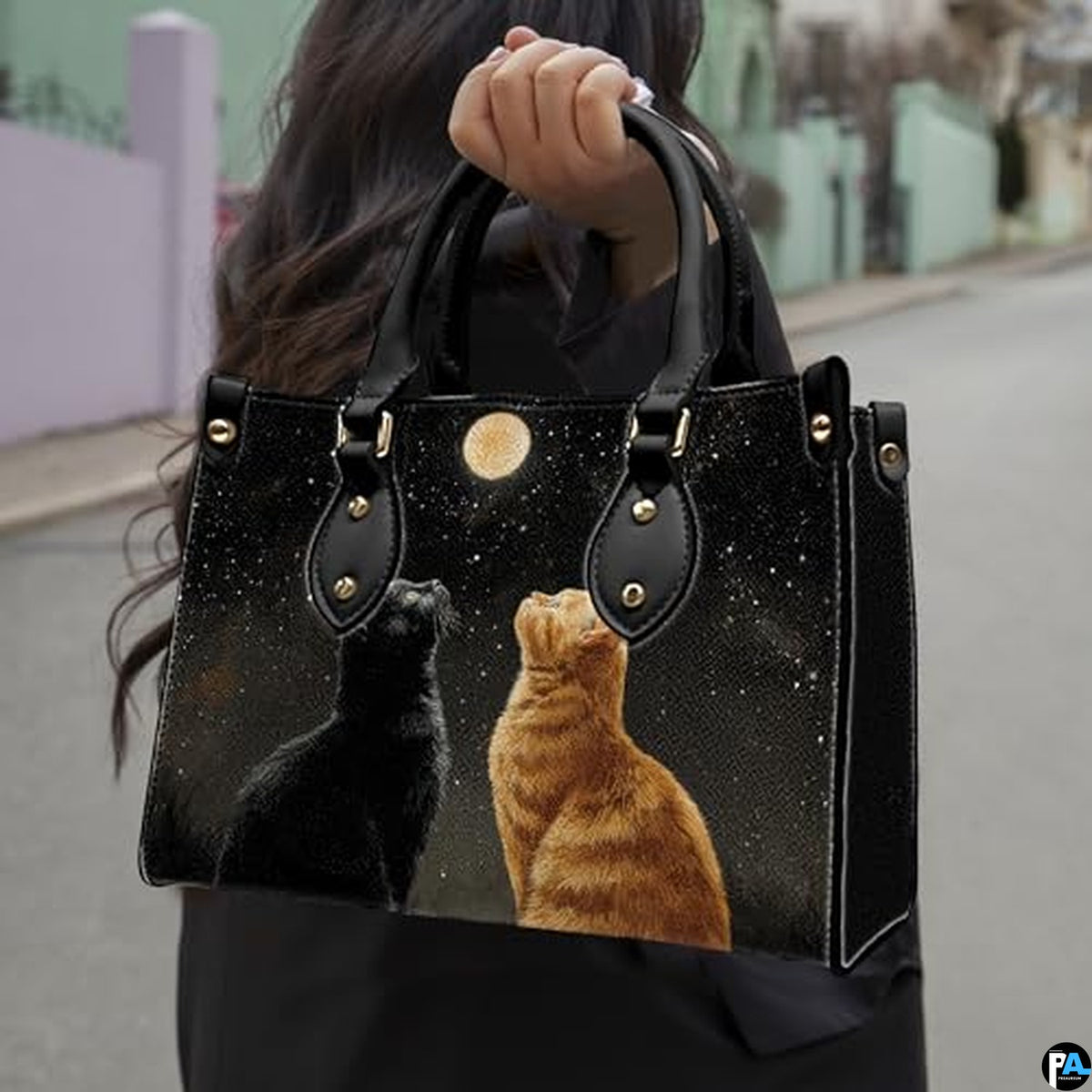 Black Cat Leather Bag – Vintage Cat Art Handbag, Stylish Animal-Themed Purse, Unique Gift for Cat Lovers