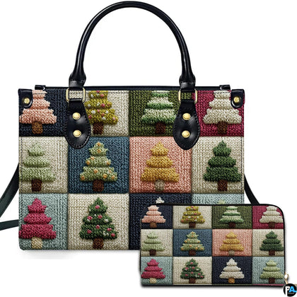 Dual angle view of the checkerboard Christmas tree pattern artwork alongside matching companion accessory