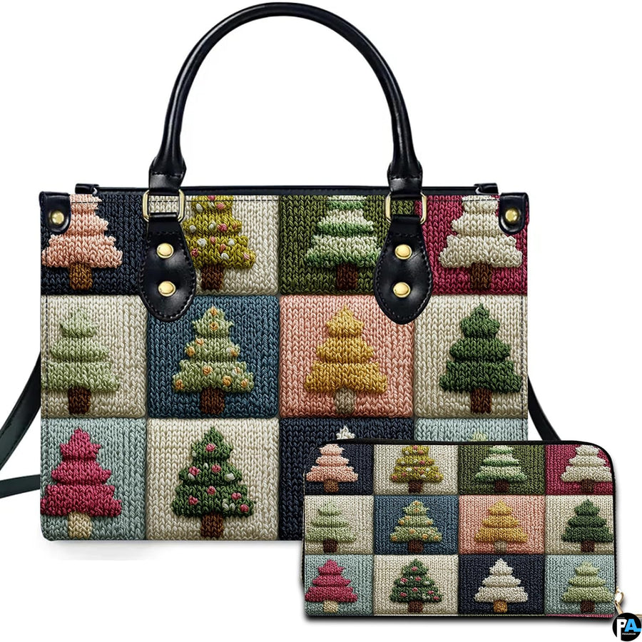 Dual angle view of the checkerboard Christmas tree pattern artwork alongside matching companion accessory