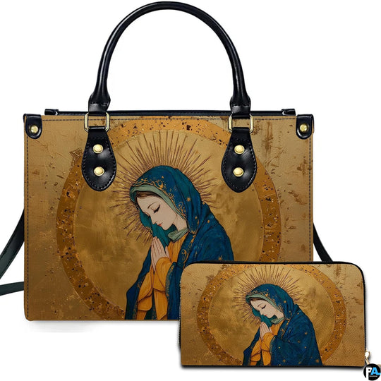 Handbag and matching wallet with Italian Renaissance Virgin Mary in starry blue mantle on gold backdrop.