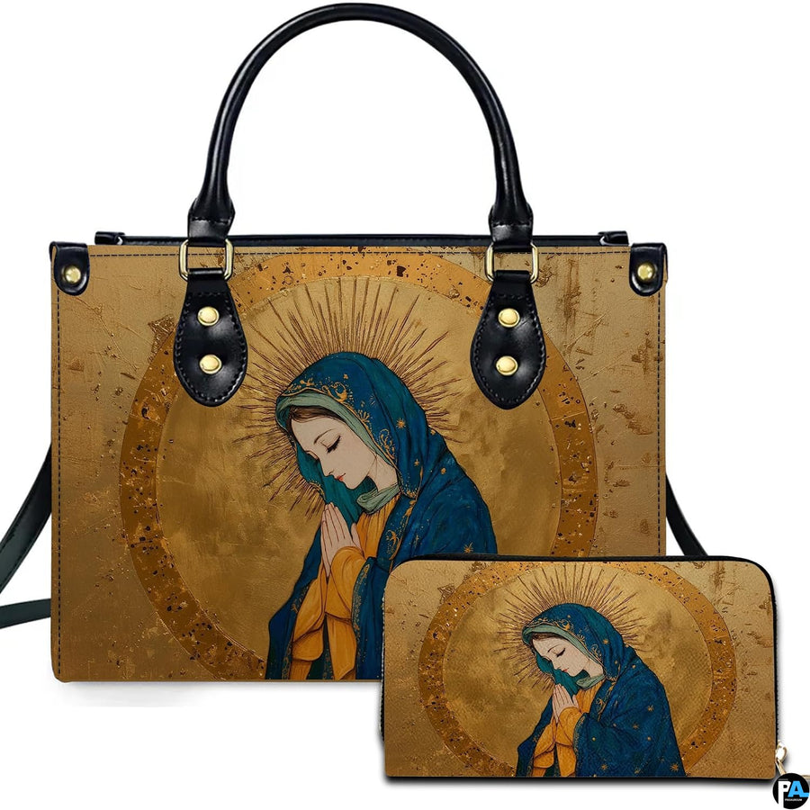 Handbag and matching wallet with Italian Renaissance Virgin Mary in starry blue mantle on gold backdrop.