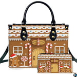 Front view of structured handbag and matching wallet featuring a festive holiday gingerbread house illustration.
