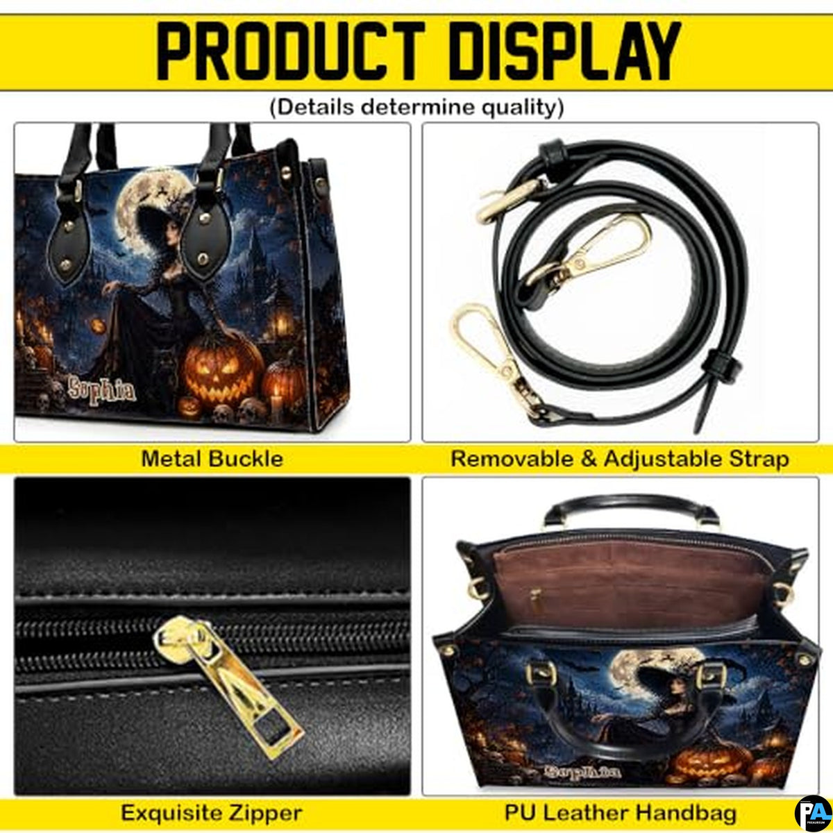 Personalized Bat Pumpkin Woman with a witch. Handbag
