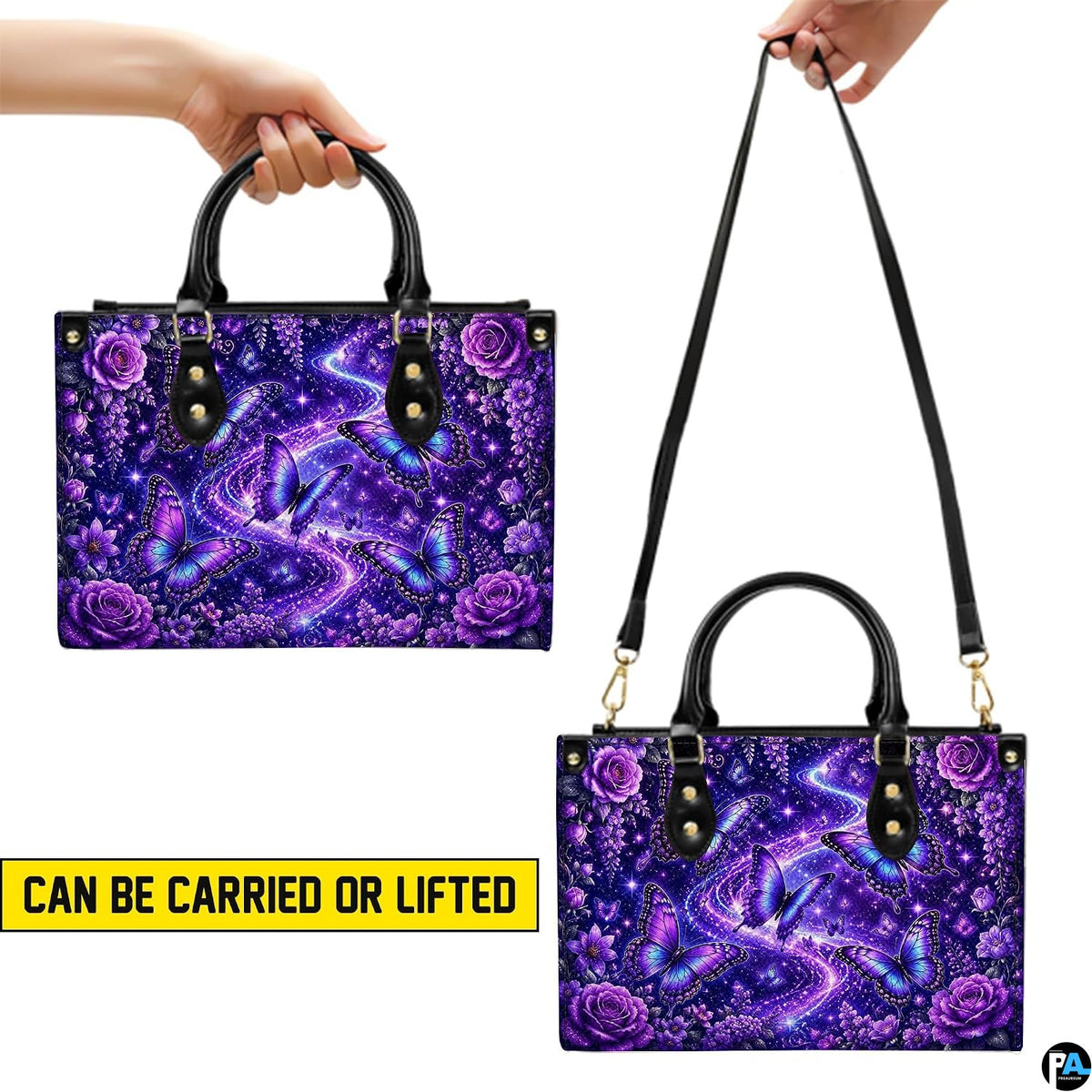 Demonstration infographic illustrating dual holding configurations for the purple butterfly artwork.