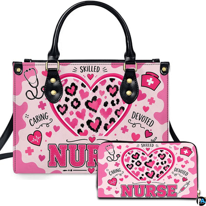 Front view of pink leopard nurse heart art showing spotted cheetah heart, bold lettering, and matching companion.