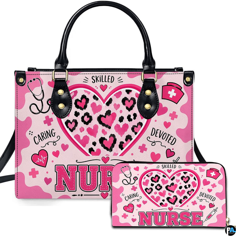 Front view of pink leopard nurse heart art showing spotted cheetah heart, bold lettering, and matching companion.