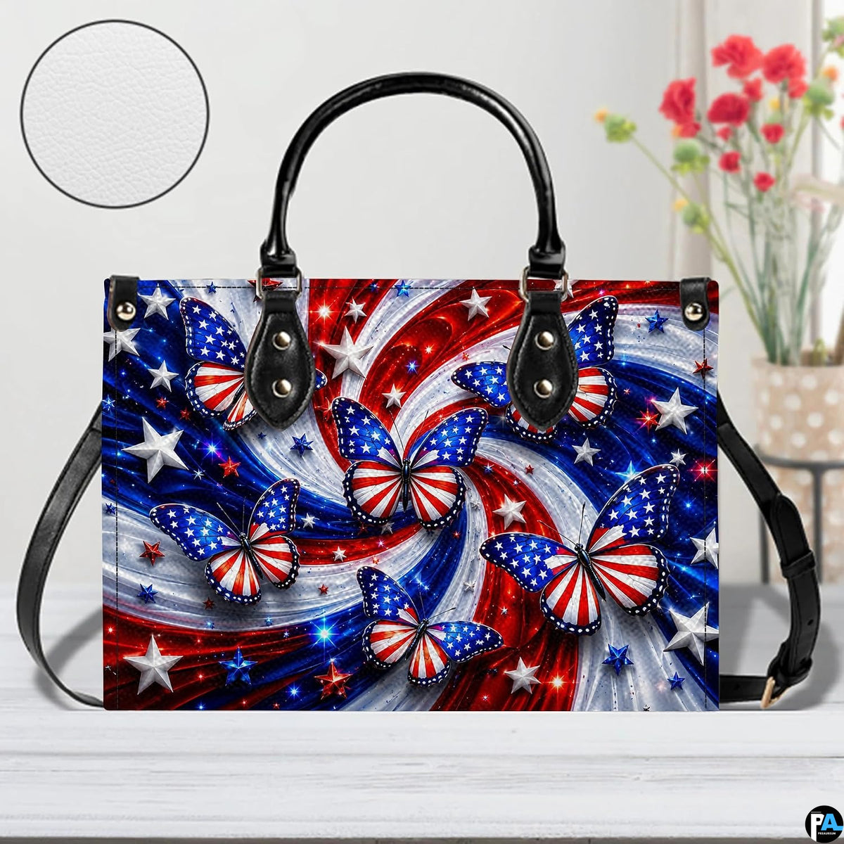 Front close-up view of matching patriotic butterfly wallet