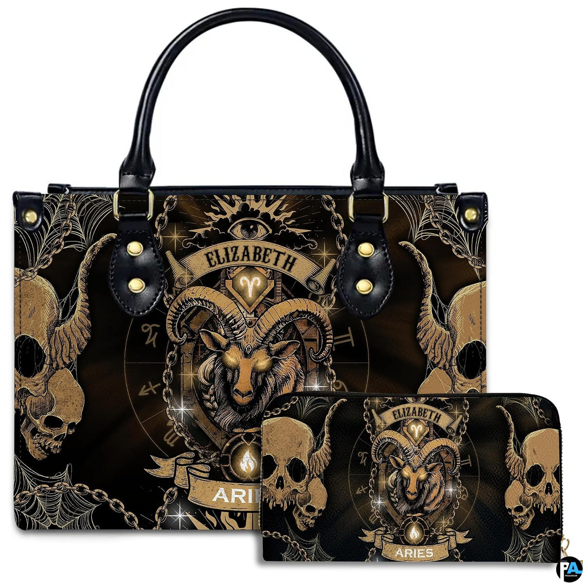 Studio view of Gothic Ram Zodiac Handbag paired with matching companion continental wallet.