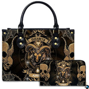 Studio view of Gothic Ram Zodiac Handbag paired with matching companion continental wallet.