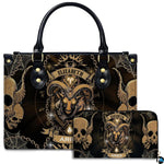 Studio view of Gothic Ram Zodiac Handbag paired with matching companion continental wallet.