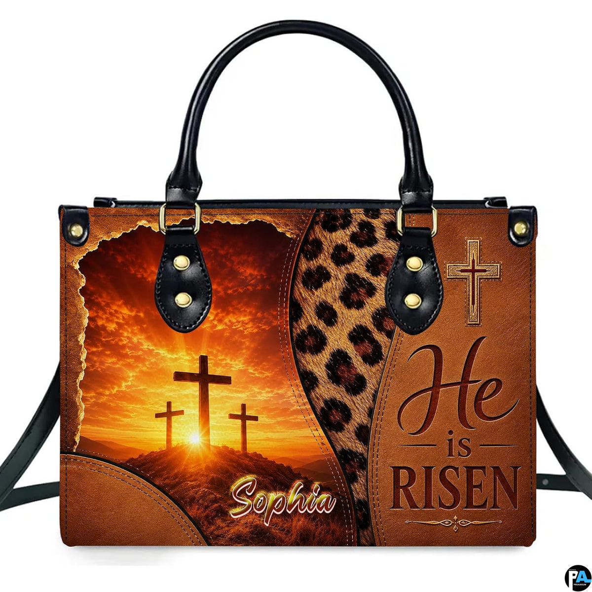 Devotional handbag featuring three Calvary crosses against a sunrise and leopard print accent.