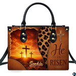 Devotional handbag featuring three Calvary crosses against a sunrise and leopard print accent.