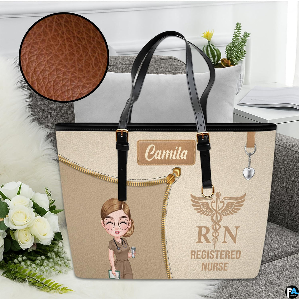 Studio view of Beige Clinician Tote Handbag placed on a sofa with texture zoom inset.