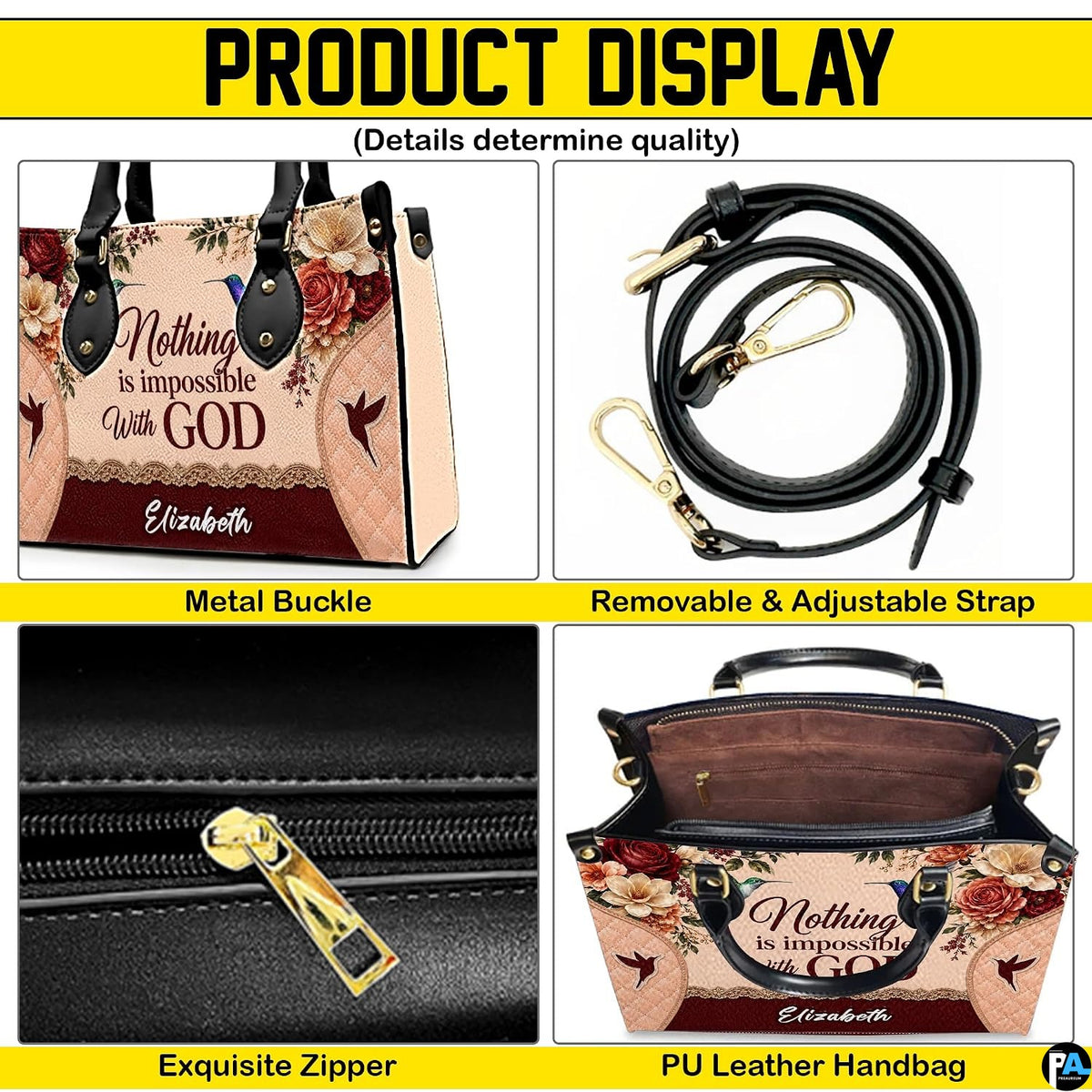 Detailed view presenting golden metallic clasps, secure attachments, and sliding fasteners.