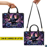 Demonstration graphic illustrating versatile holding methods for the floral witch cat artwork.