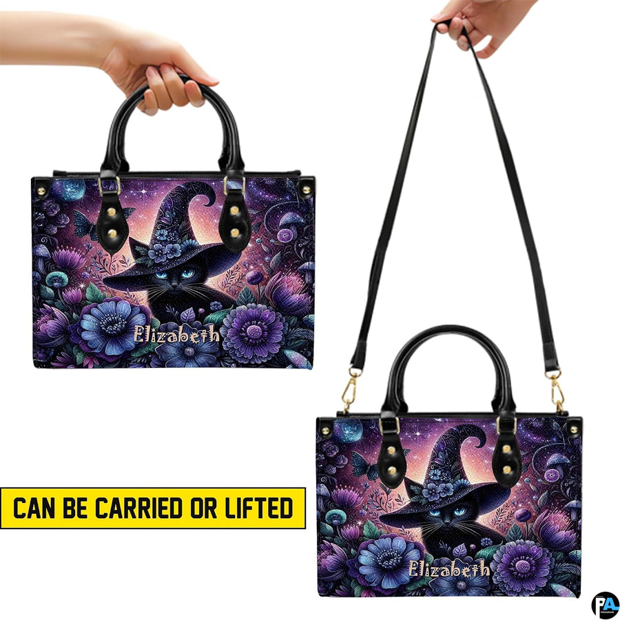 Demonstration graphic illustrating versatile holding methods for the floral witch cat artwork.