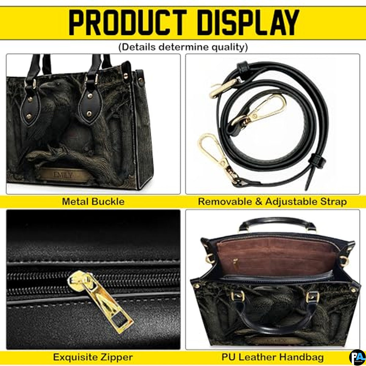 Personalized Animal Leather Handbag – Custom Name Flowers with 2D Print with 3D Effect – Gift for Gramma, Mom, Daughter