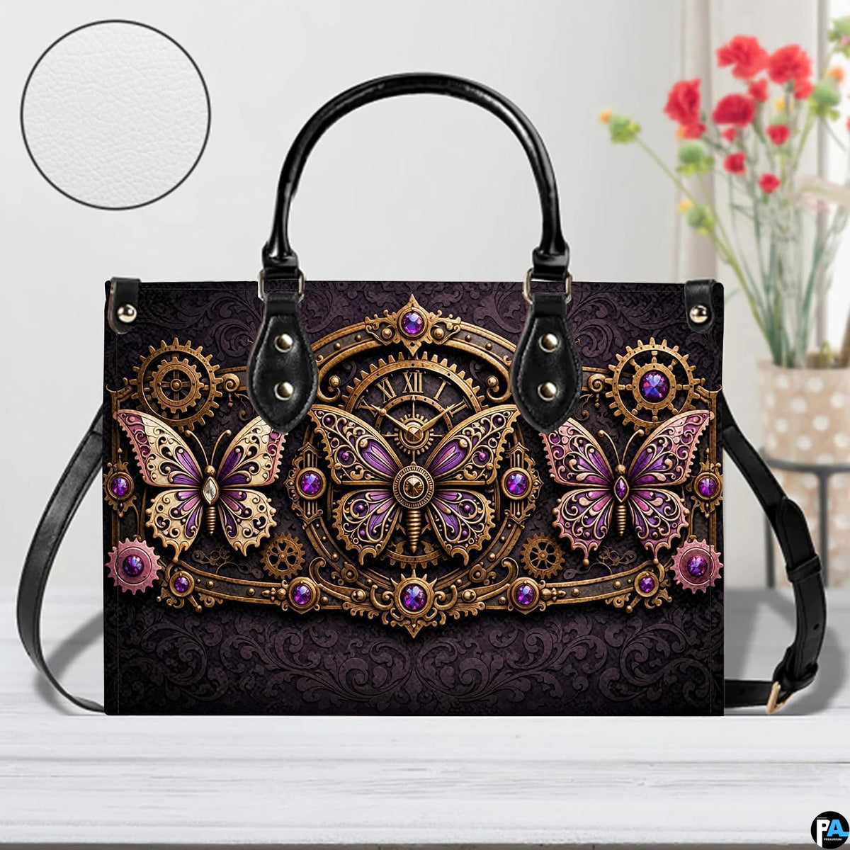 Matching steampunk clockwork butterfly wallet displaying trio of butterflies and gears