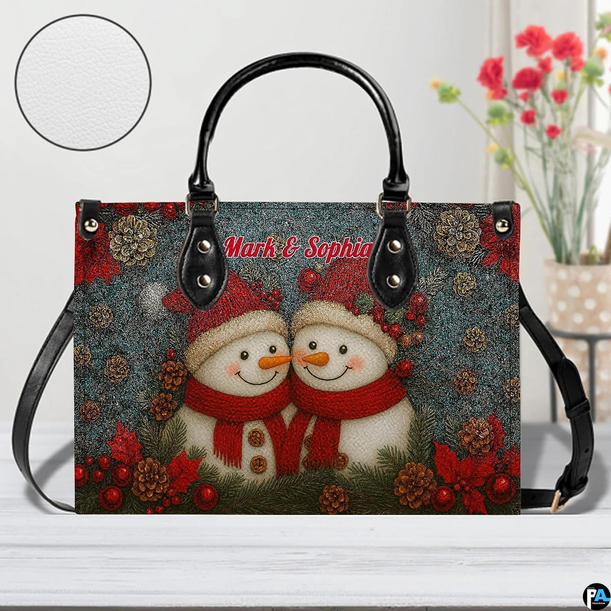 Back view of handbag featuring exterior zipper pocket and teal glitter holiday backdrop