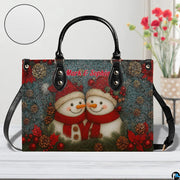 Back view of handbag featuring exterior zipper pocket and teal glitter holiday backdrop
